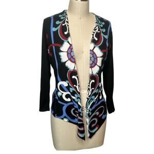 Red Multicolor Floral Paisley Print Asymmetrical Cardigan Sweater - S